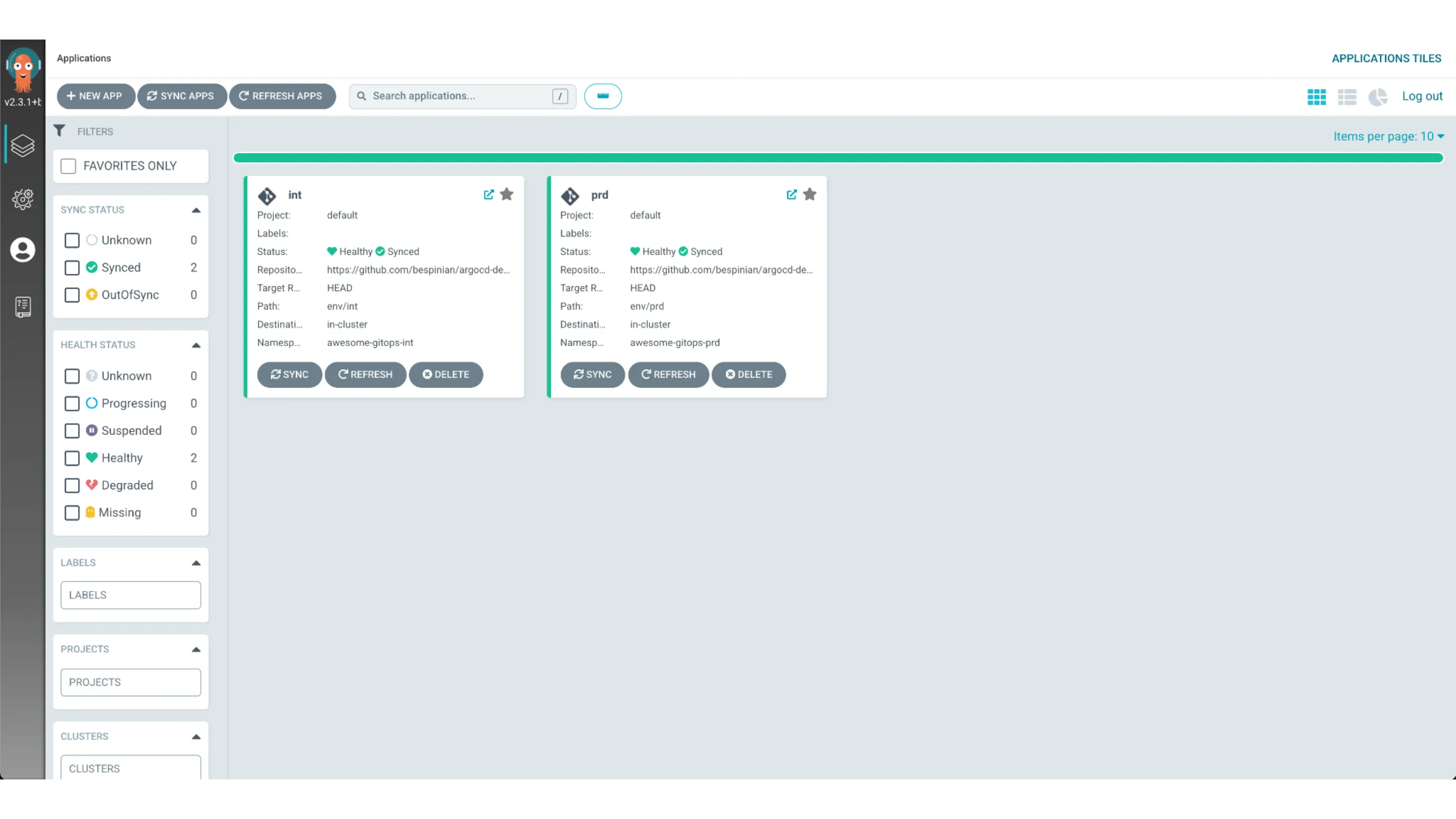 A screenshot of Argo CD showing an int and a prd application