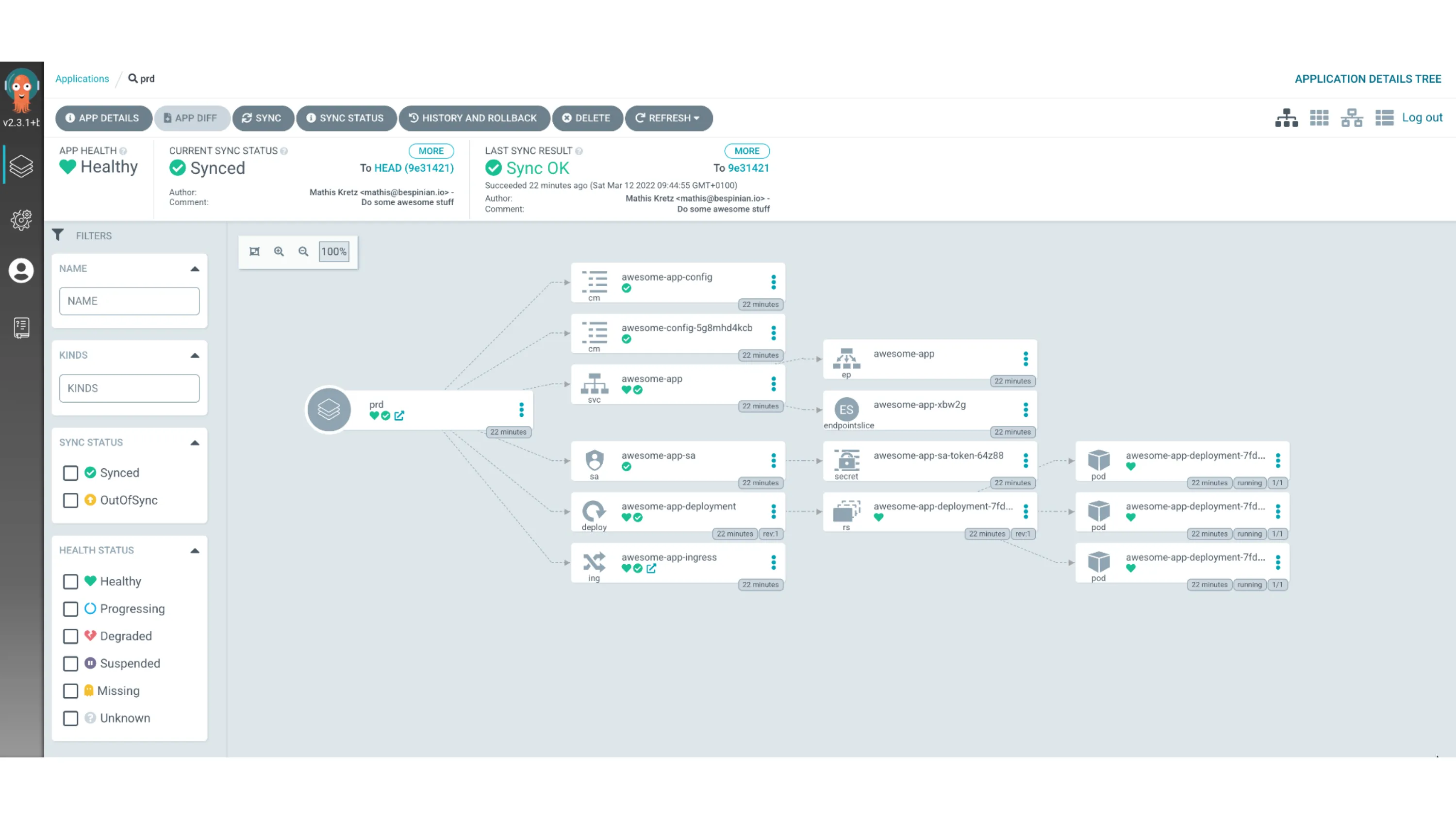 A screenshot of Argo CD showing the detailed structure of the prd environment on Kubernetes