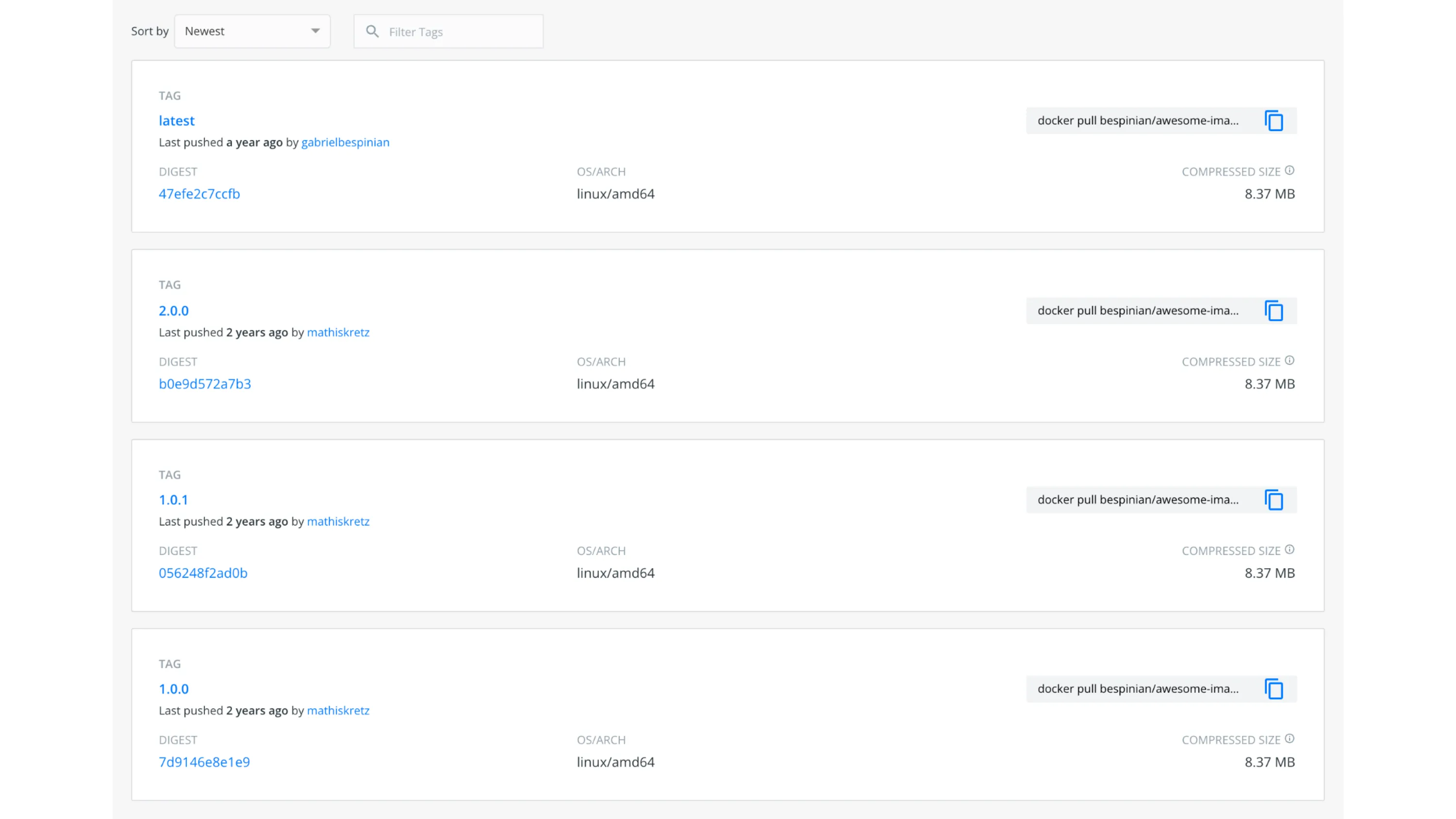 A screenshot of a list of images in Docker Hub