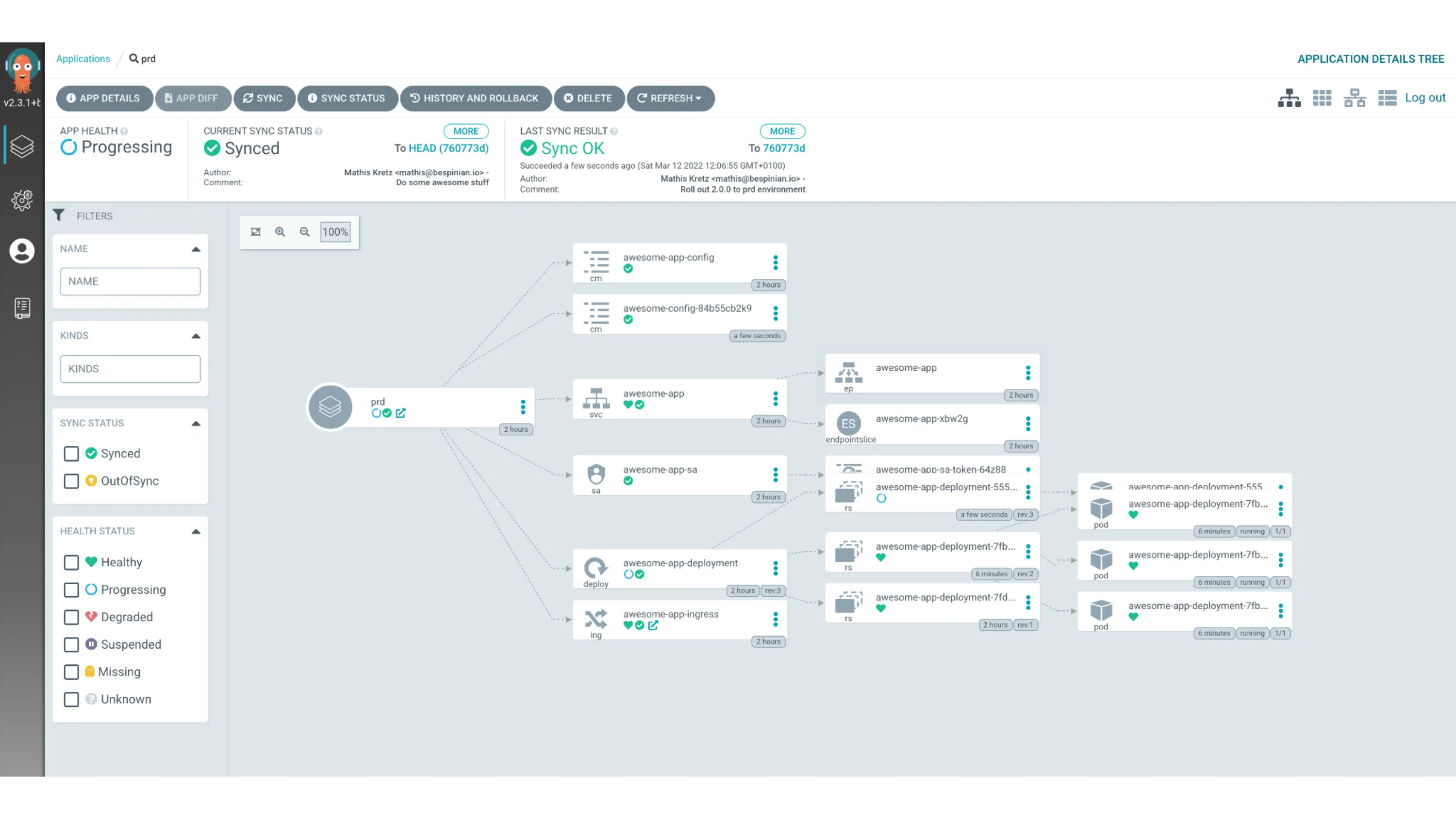A screenshot of Argo CD syncing the prd environment