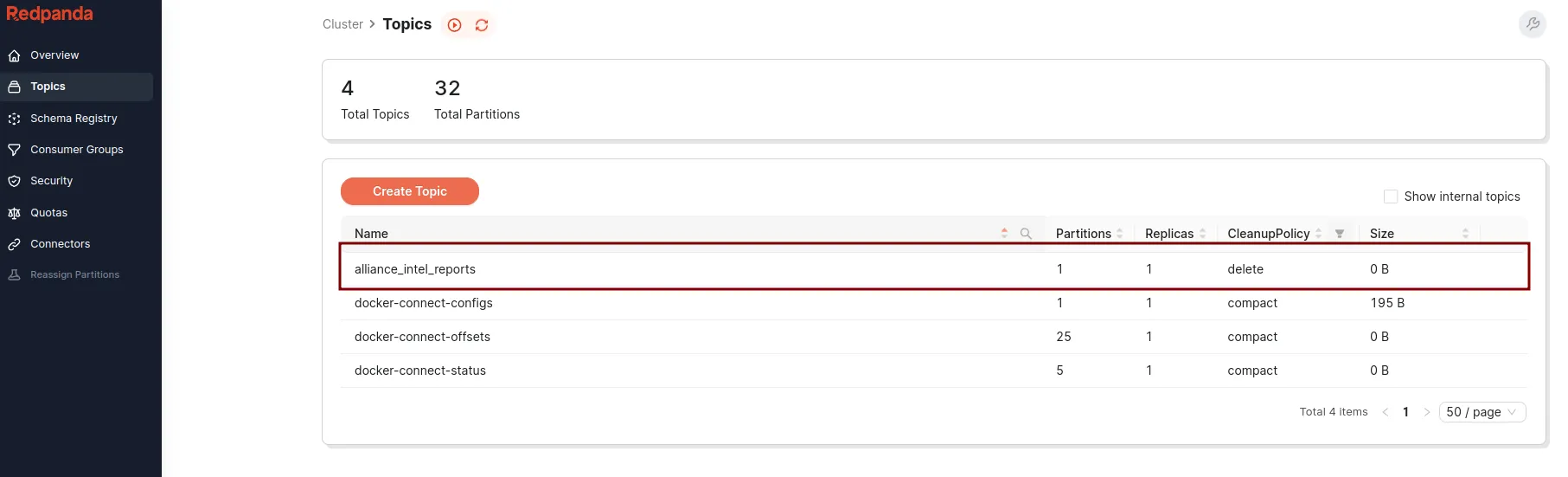 Redpanda create topic
